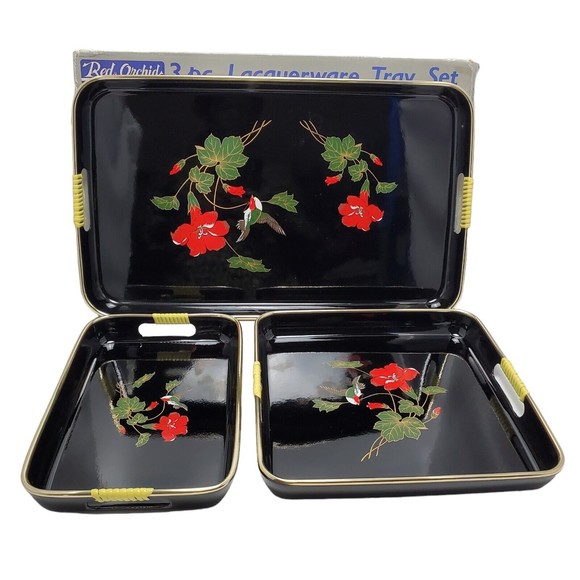 Vintage Red Orchid Lacquerware Nesting Tray Set Hibiscus And Hummingbird Motif - Picture 2 of 12